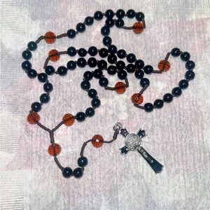 Black and Amber Color Glass Beads Rosary Necklace with Silver Black Enamel Cross